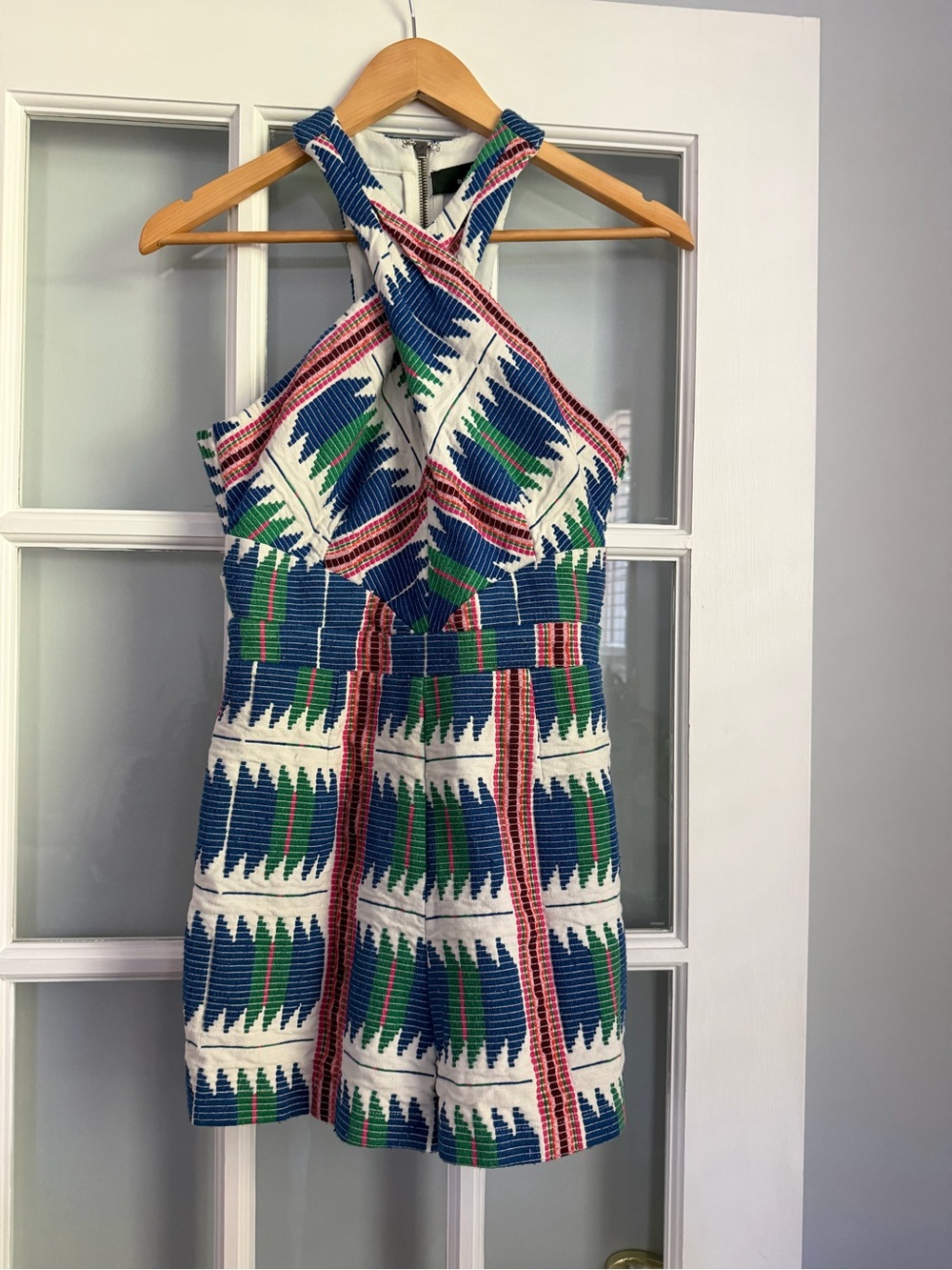 Adelyn Rae Multicolor Cross-Front Romper in Blue, Green & Pink